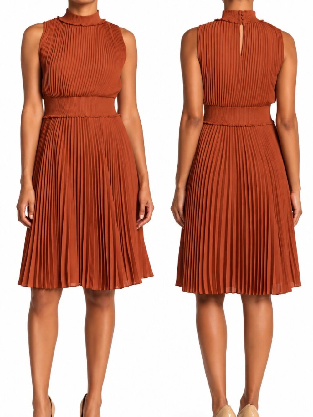 NANETTE LEPORE Orange Rust Pleated Mock Neck Fit & Flare Dress 4